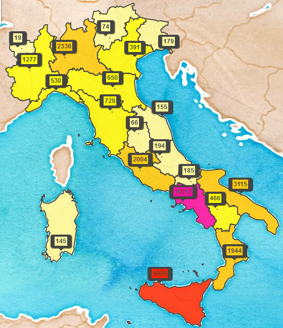 map showing distribution of a last name in Italy